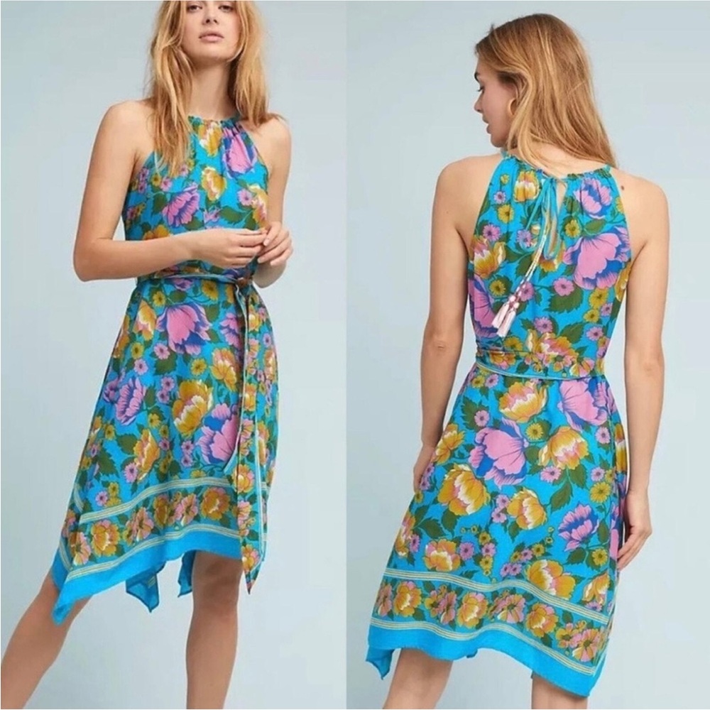 Anthropologie Lilka Dinan halter blue floral dress with handkerchief hem size s